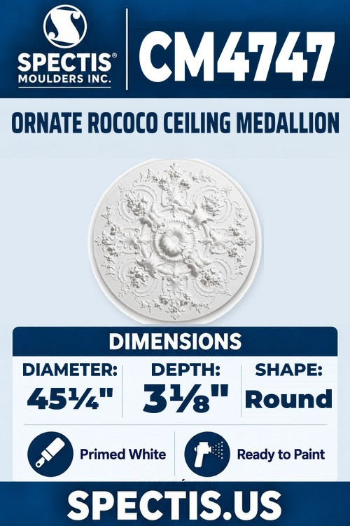 Spectis CM4747 ornate rococo ceiling medallion, 45 1/4 inch, 3 1/8 inch depth, primed polyurethane
