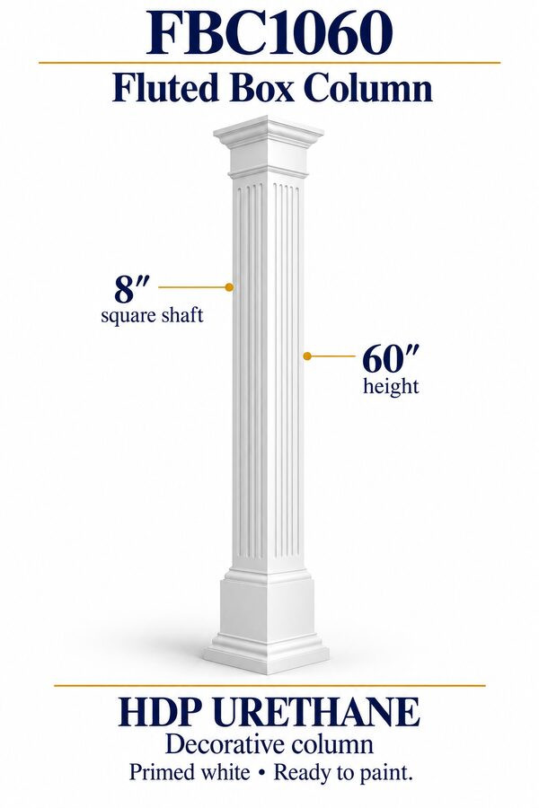 FBC1060 Fluted Decorative Box Column – 8″ square shaft × 60″ height