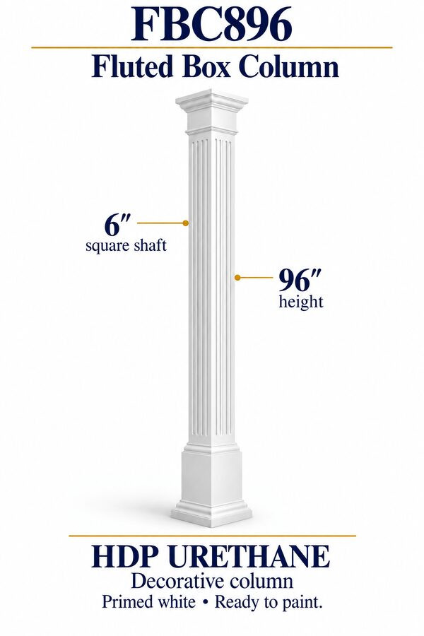 FBC896 Fluted Decorative Box Column – 6″ square shaft × 96″ height