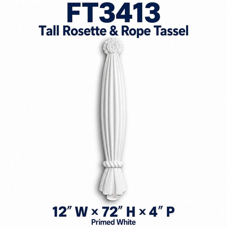 FT3413 Tall Rosette & Rope Tassel; 12″ W × 72″ H × 4″ P; Primed White