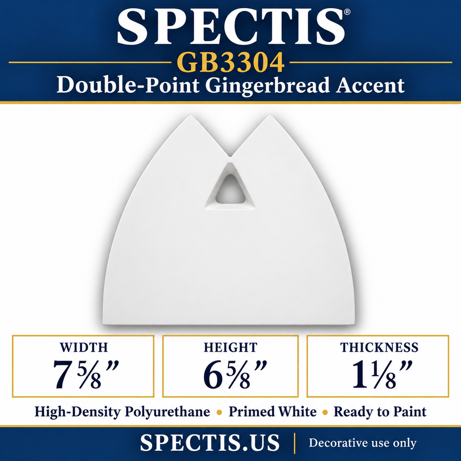 GB3304 Double-Point Gingerbread Accent, 7⅝ inches wide x 6⅝ inches high x 1⅛ inches thick, primed white high-density polyurethane