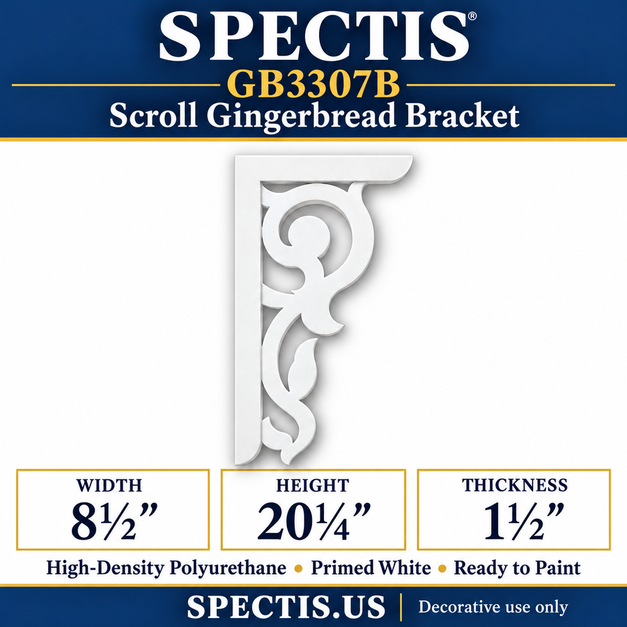 GB3307B Scroll Gingerbread Bracket, 8½ inches wide x 20¼ inches high x 1½ inches thick, primed white high-density polyurethane