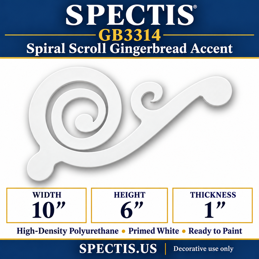 GB3314 Spiral Scroll Gingerbread Accent, 10 inches wide x 6 inches high x 1 inches thick, primed white high-density polyurethane