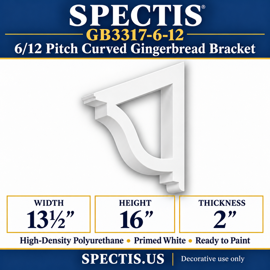 GB3317-6-12 6/12 Pitch Curved Gingerbread Bracket, 13½ inches wide x 16 inches high x 2 inches thick, primed white HDP