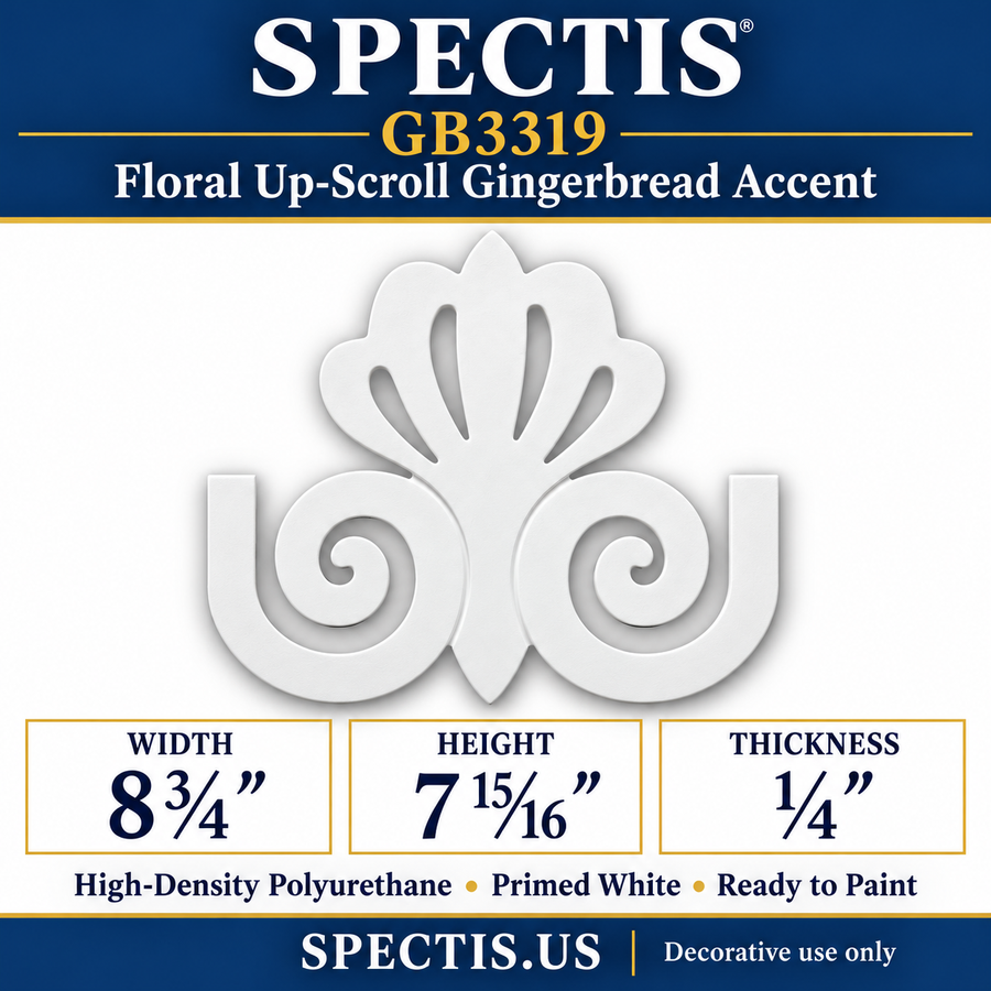 GB3319 Floral Up-Scroll Gingerbread Accent, 8¾ inches wide x 7 15/16 inches high x ¼ inches thick, primed white high-density polyurethane