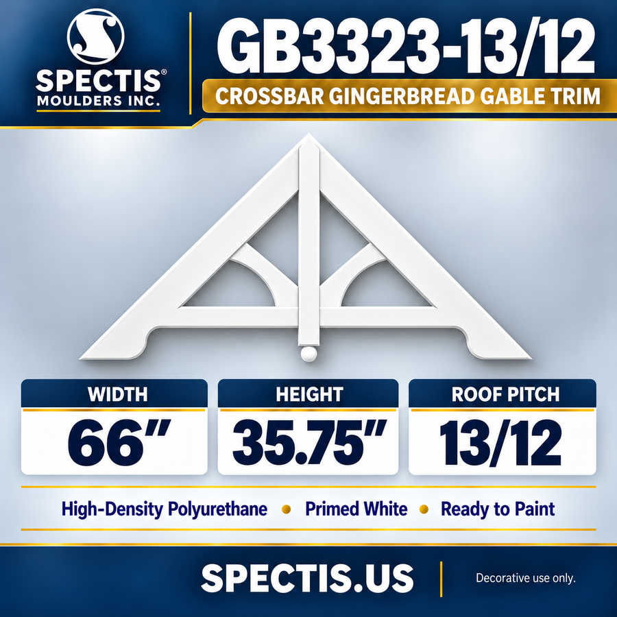 GB3323-13/12 Crossbar Gingerbread Gable Trim, 66 inches wide x 35.75 inches high, 13/12 roof pitch, primed white polyurethane