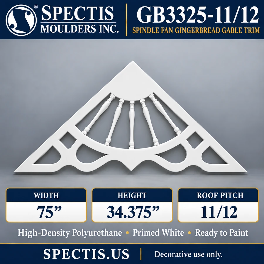 GB3325-11/12 Spindle Fan Gingerbread Gable Trim, 75 inches wide x 34.375 inches high, 11/12 roof pitch, primed white polyurethane