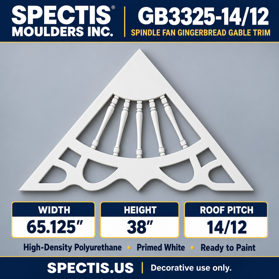 GB3325-14/12 Spindle Fan Gingerbread Gable Trim, 65.125 inches wide x 38 inches high, 14/12 roof pitch, primed white polyurethane