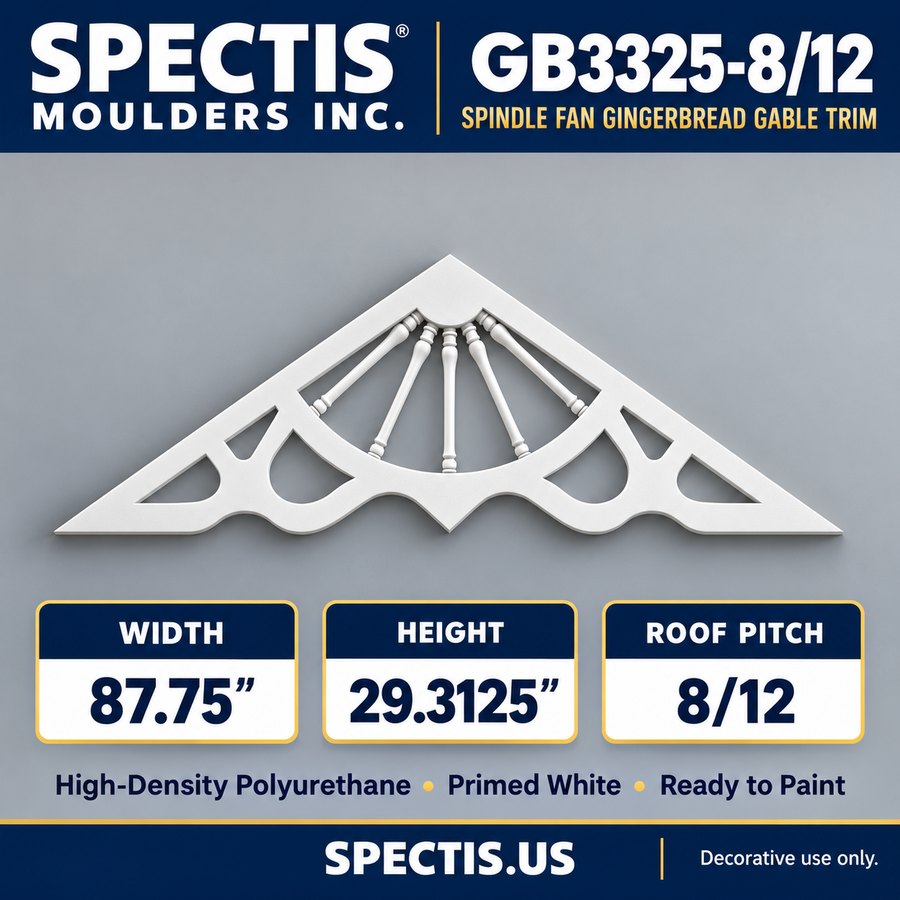 GB3325-8/12 Spindle Fan Gingerbread Gable Trim, 87.75 inches wide x 29.3125 inches high, 8/12 roof pitch, primed white polyurethane