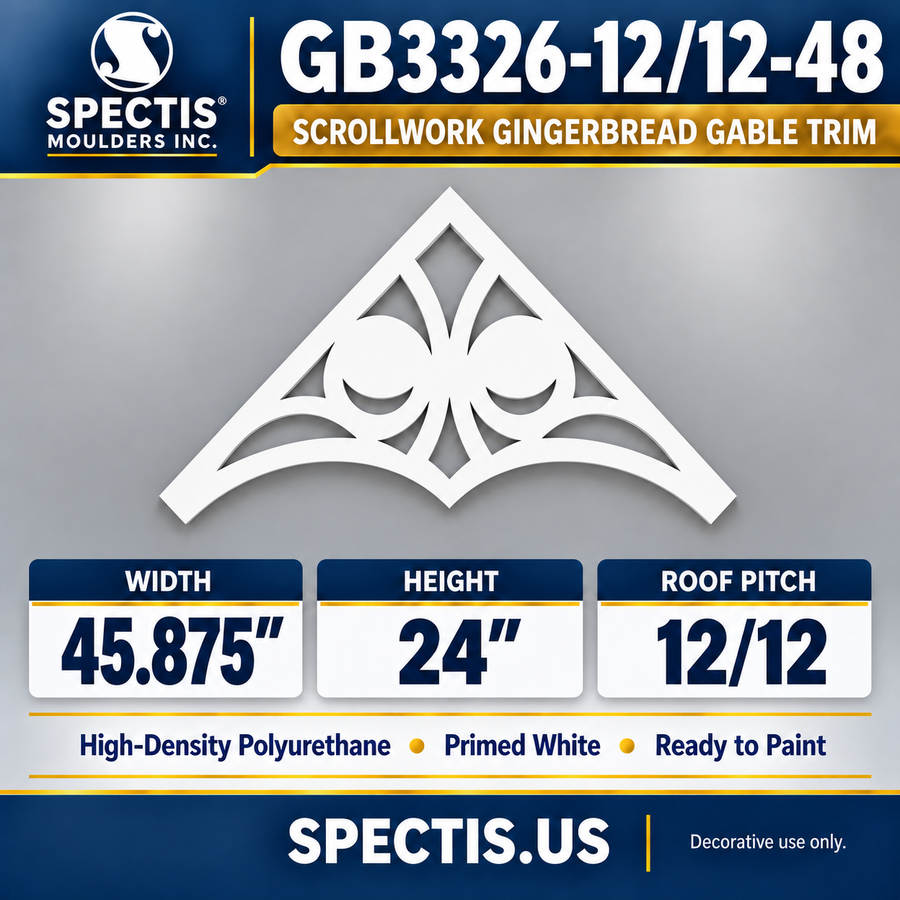 GB3326-12/12-48 Scrollwork Gingerbread Gable Trim, 45.875 inches wide x 24 inches high, 12/12 roof pitch, primed white polyurethane