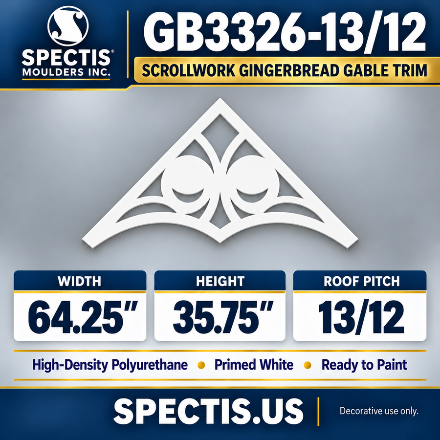 GB3326-13/12 Scrollwork Gingerbread Gable Trim, 64.25 inches wide x 35.75 inches high, 13/12 roof pitch, primed white polyurethane