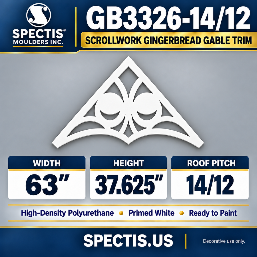 GB3326-14/12 Scrollwork Gingerbread Gable Trim, 63 inches wide x 37.625 inches high, 14/12 roof pitch, primed white polyurethane