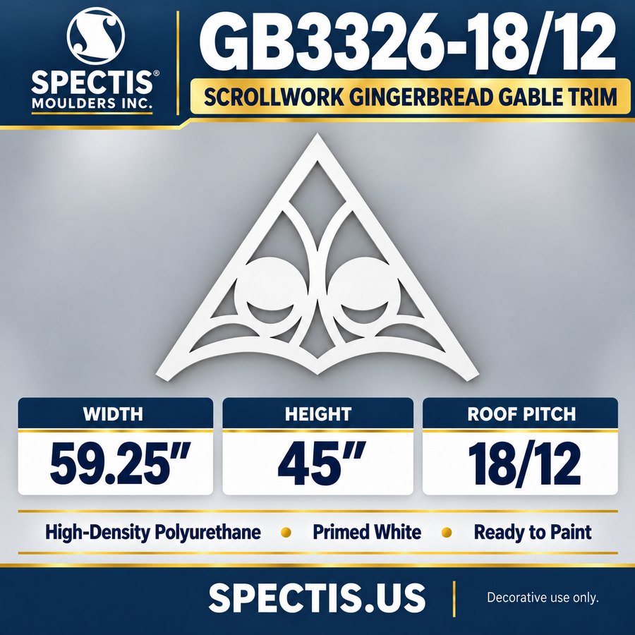 GB3326-18/12 Scrollwork Gingerbread Gable Trim, 59.25 inches wide x 45 inches high, 18/12 roof pitch, primed white polyurethane