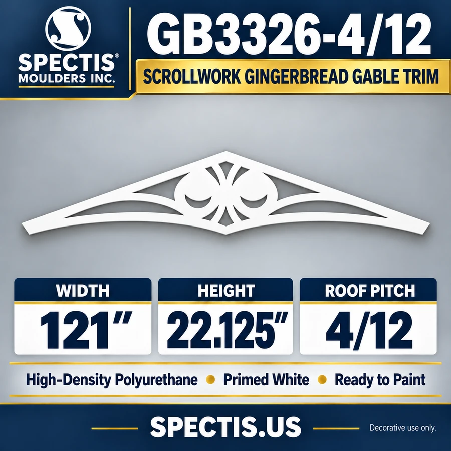 GB3326-4/12 Scrollwork Gingerbread Gable Trim, 121 inches wide x 22.125 inches high, 4/12 roof pitch, primed white polyurethane