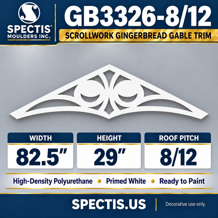 GB3326-8/12 Scrollwork Gingerbread Gable Trim, 82.5 inches wide x 29 inches high, 8/12 roof pitch, primed white polyurethane