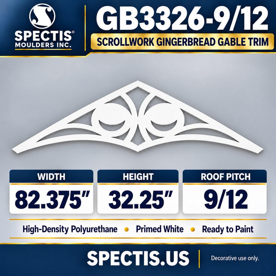 GB3326-9/12 Scrollwork Gingerbread Gable Trim, 82.375 inches wide x 32.25 inches high, 9/12 roof pitch, primed white polyurethane
