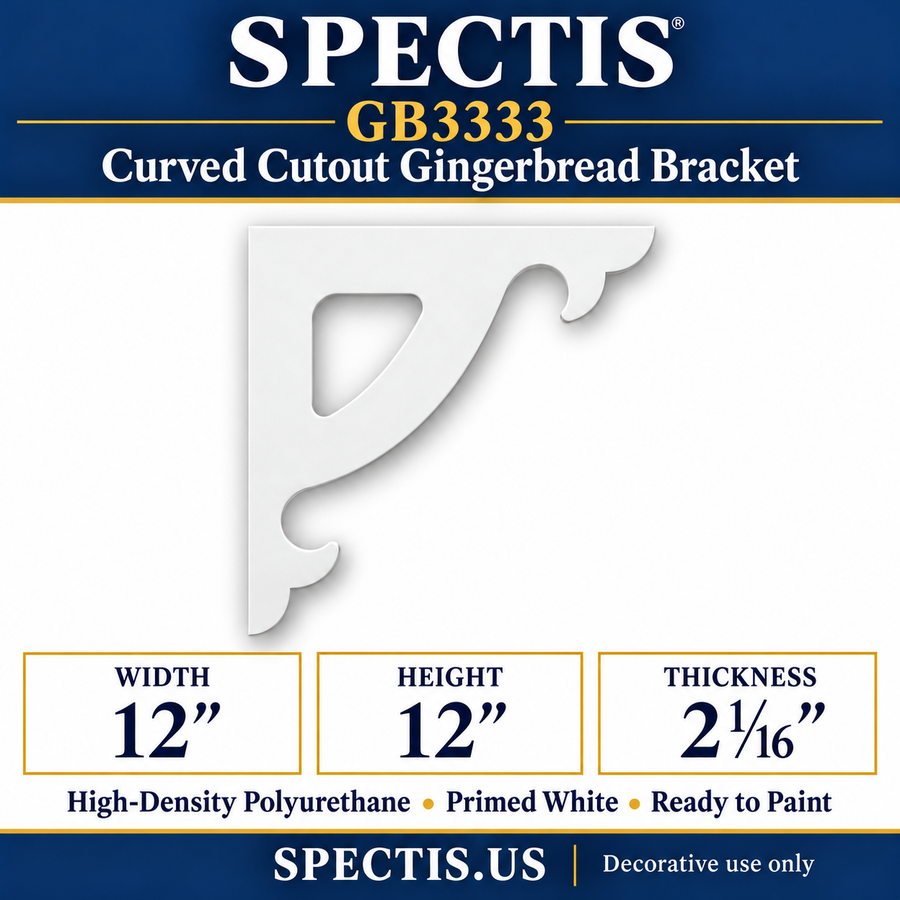 GB3333 Curved Cutout Gingerbread Bracket, 12 inches wide x 12 inches high x 2 1/16 inches thick, primed white high-density polyurethane