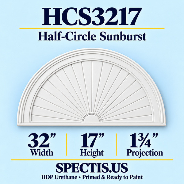 HCS3217 Sunburst — 32 inch width x 17 inch height x 1 3/4 inch projection — primed HDP urethane