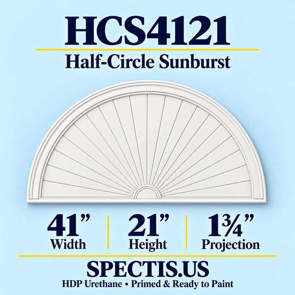 HCS4121 Sunburst — 41 inch width x 21 inch height x 1 3/4 inch projection — primed HDP urethane