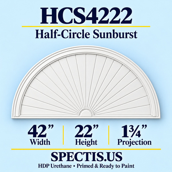 HCS4222 Sunburst — 42 inch width x 22 inch height x 1 3/4 inch projection — primed HDP urethane
