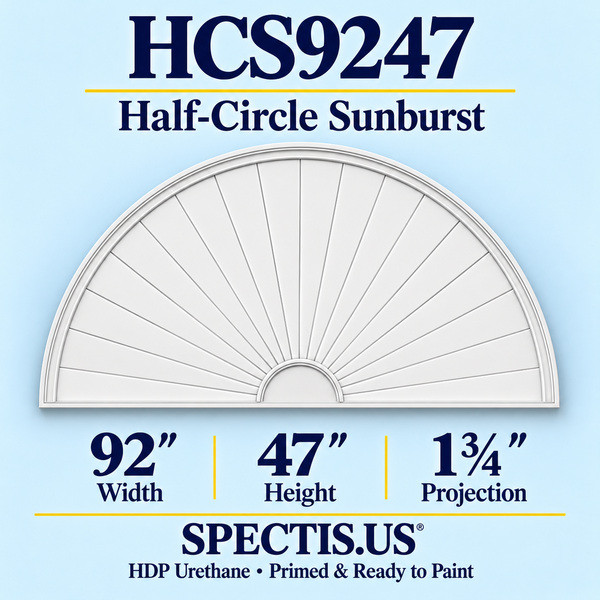 HCS9247 Sunburst — 92 inch width x 47 inch height x 1 3/4 inch projection — primed HDP urethane