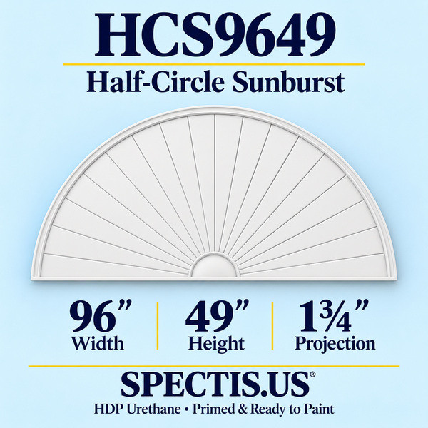 HCS9649 Sunburst — 96 inch width x 49 inch height x 1 3/4 inch projection — primed HDP urethane