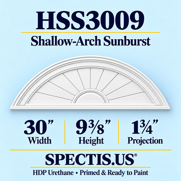 HSS3009 Sunburst — 30 inch width x 9 3/8 inch height x 1 3/4 inch projection — primed HDP urethane