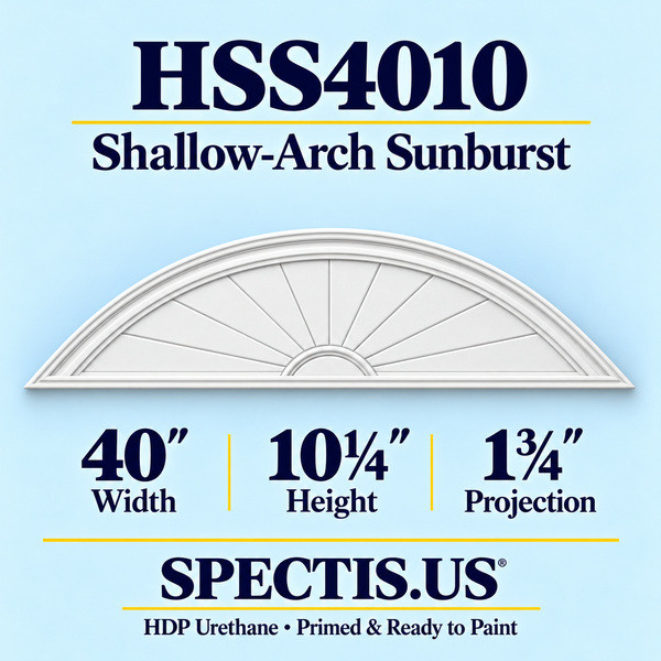 HSS4010 Sunburst — 40 inch width x 10 1/4 inch height x 1 3/4 inch projection — primed HDP urethane