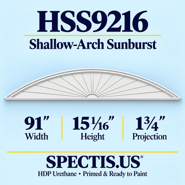HSS9216 Sunburst — 91 inch width x 15 1/16 inch height x 1 3/4 inch projection — primed HDP urethane