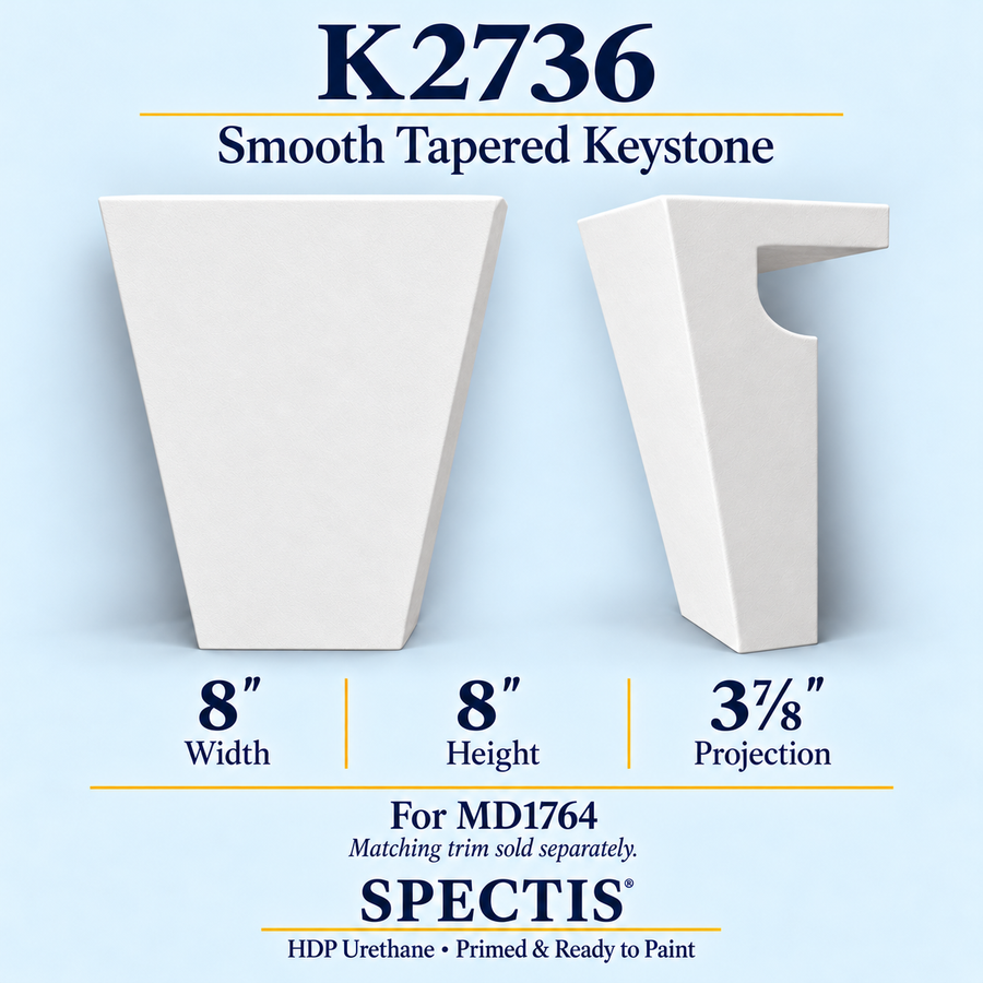 K2736 smooth tapered keystone in primed HDP urethane, front and side profile views; 8 inch W x 8 inch H x 3⅞ inch P