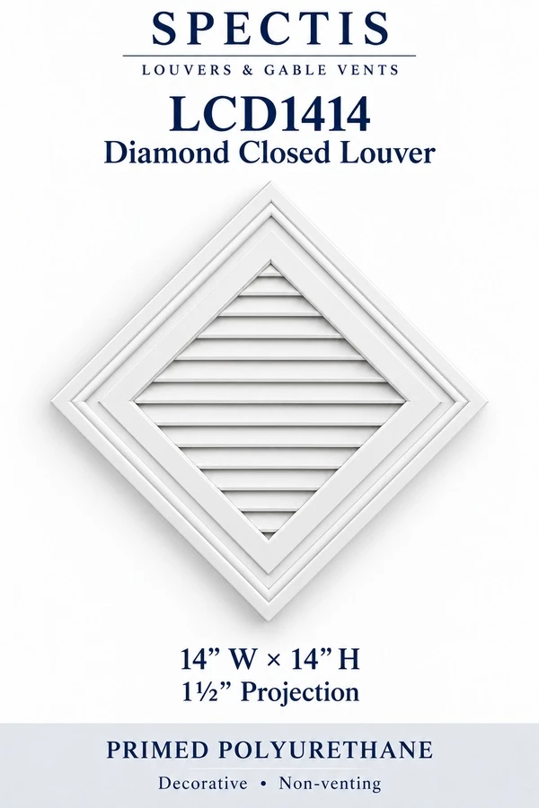LCD1414 Diamond Closed Louver — 14″ W × 14″ H × 1½″ projection — decorative, non-venting