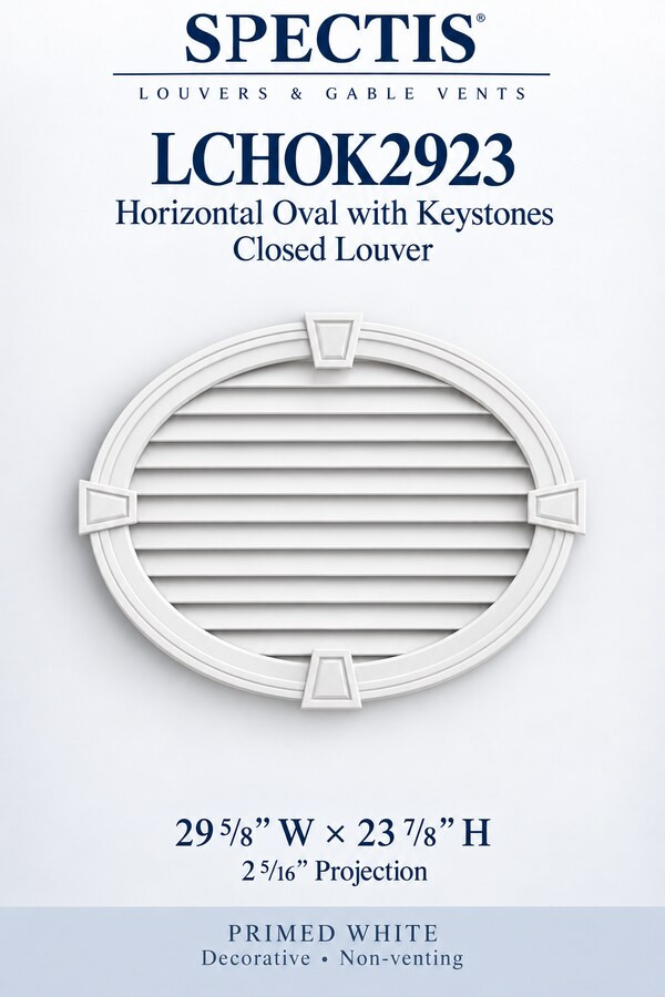 LCHOK2923 horizontal oval closed louver with keystones, primed white, decorative and non-venting