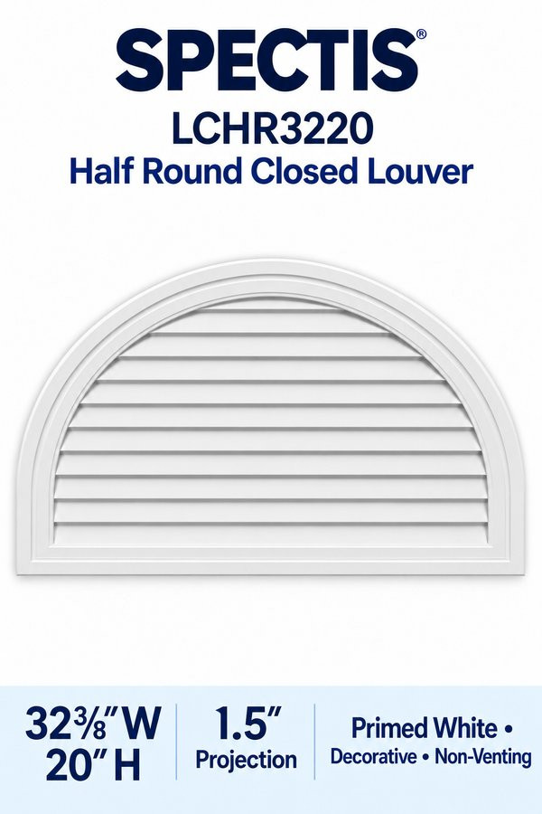 LCHR3220 Half Round Closed Louver — 32 3/8″ W × 20″ H — Primed White
