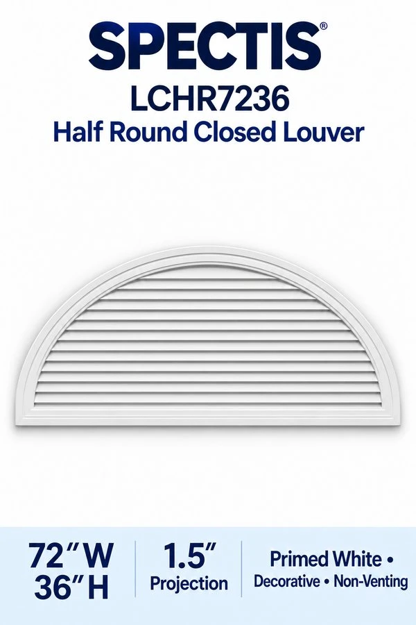 LCHR7236 Half Round Closed Louver — 72″ W × 36″ H — Primed White