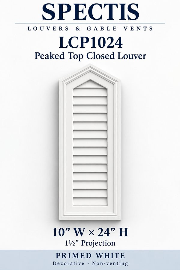 LCP1024 Peaked Top Closed Louver — 10″ W × 24″ H — Primed White — 1½″ projection; decorative, non-venting