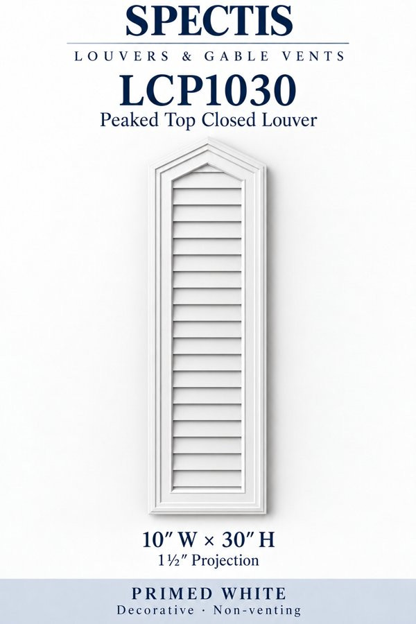 LCP1030 Peaked Top Closed Louver — 10″ W × 30″ H — Primed White — 1½″ projection; decorative, non-venting