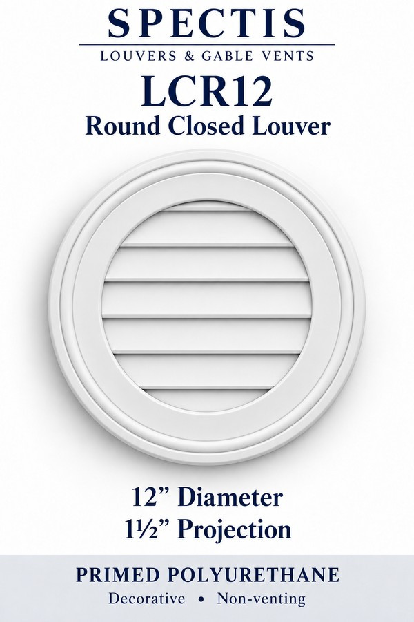 LCR12 Round Closed Louver — 12″ W × 12″ H × 1½″ projection — decorative, non-venting