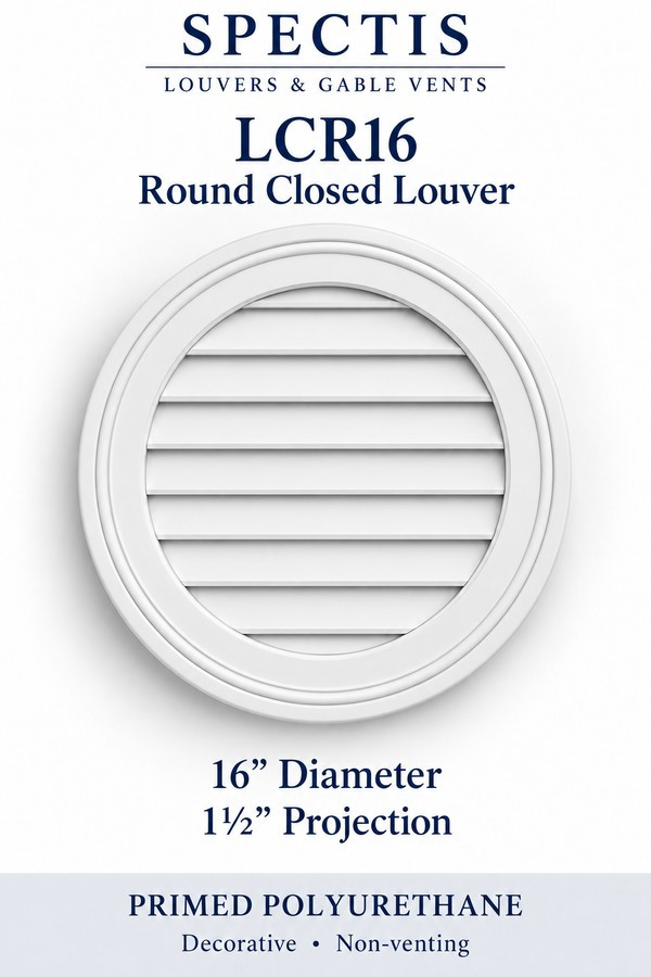 LCR16 Round Closed Louver — 16″ W × 16″ H × 1½″ projection — decorative, non-venting