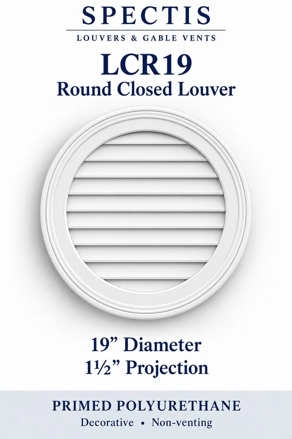 LCR19 Round Closed Louver — 19″ W × 19″ H × 1½″ projection — decorative, non-venting