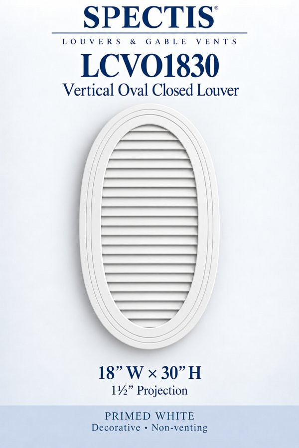 LCVO1830 Vertical Oval Closed Louver — 18″ W × 30″ H — Primed White — 1½″ projection; decorative, non-venting