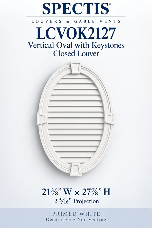 LCVOK2127 Vertical Oval with Keystones Closed Louver — 21 3/8″ W × 27 7/8″ H — Primed White; 2 5/16″ projection; decorative, non-venting