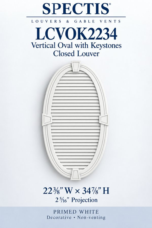 LCVOK2234 Vertical Oval with Keystones Closed Louver — 22 3/8″ W × 34 7/8″ H — Primed White; 2 5/16″ projection; decorative, non-venting