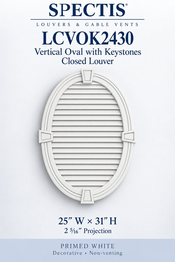 LCVOK2430 Vertical Oval with Keystones Closed Louver — 25″ W × 31″ H — Primed White; 2 5/16″ projection; decorative, non-venting