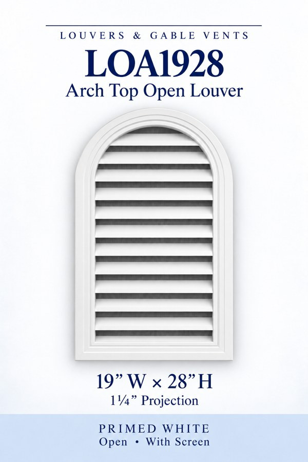 LOA1928 Arch Top Open Louver Vent — 19″ W × 28″ H — Primed White