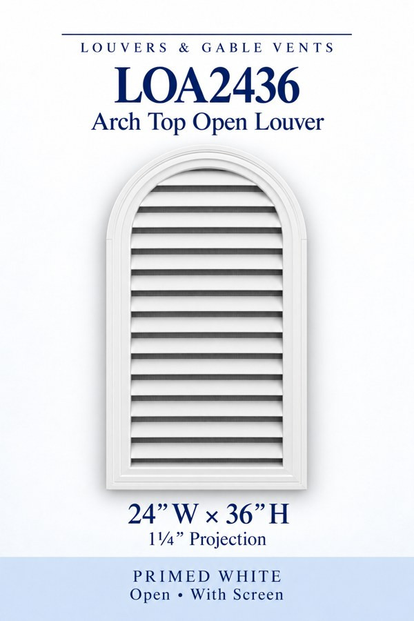 LOA2436 Arch Top Open Louver Vent — 24″ W × 36″ H — Primed White