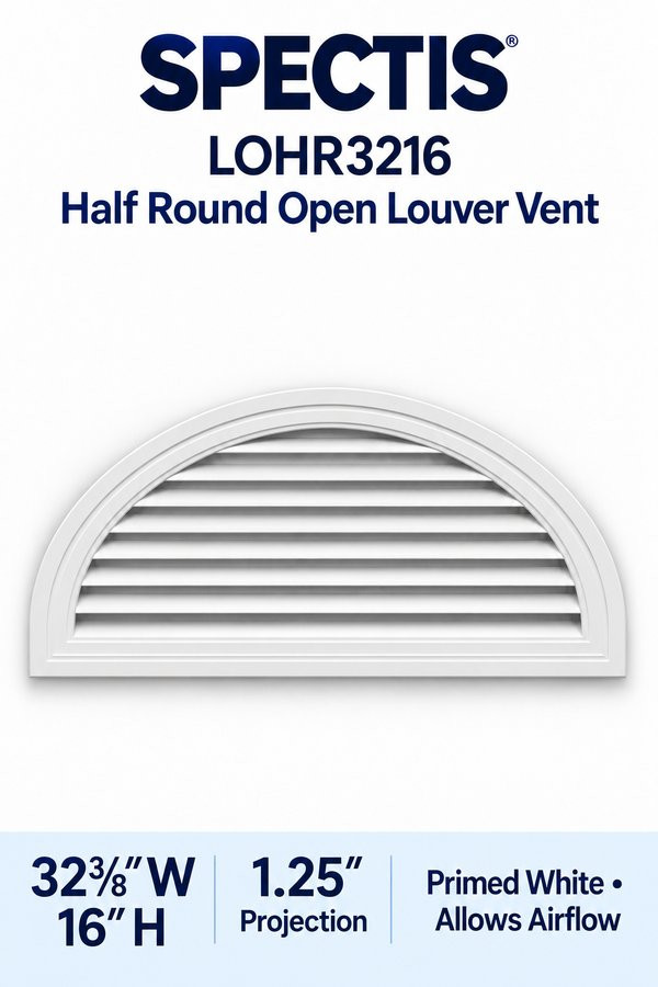 LOHR3216 Half Round Open Louver Vent — 32 3/8″ W × 16″ H — Primed White
