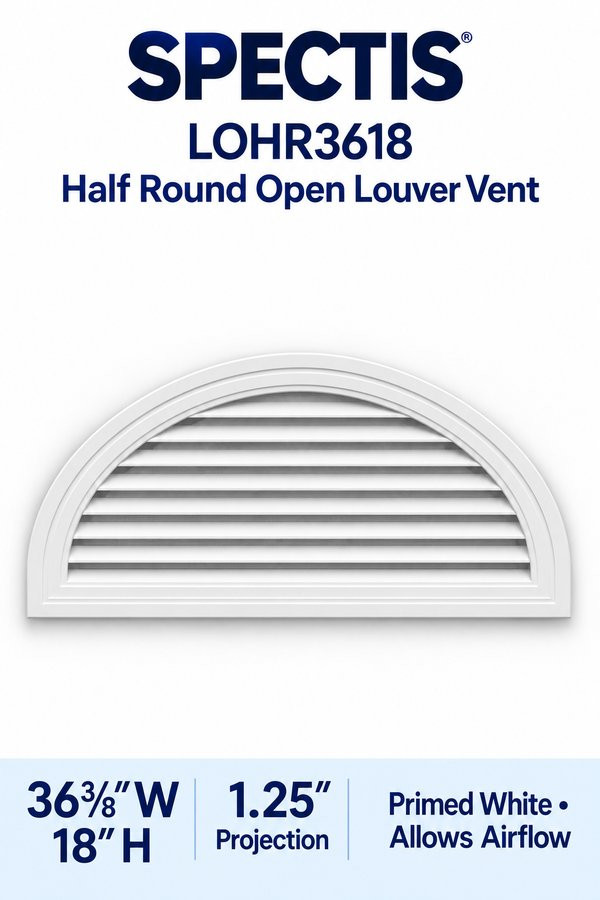 LOHR3618 Half Round Open Louver Vent — 36 3/8″ W × 18″ H — Primed White