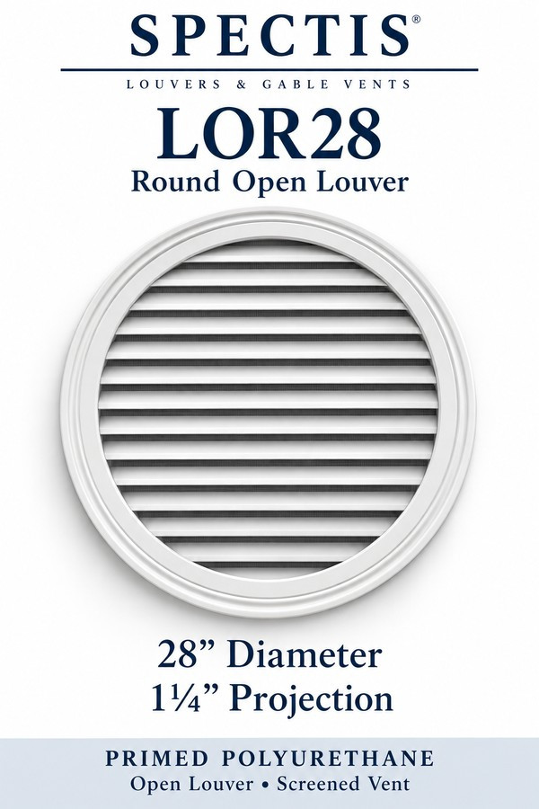 LOR28 Round Open Louver — 28″ W × 28″ H × 1¼″ projection — screened vent