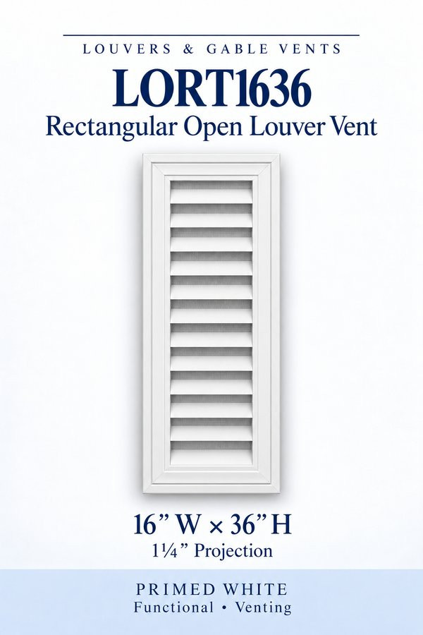 LORT1636 Rectangular Open Louver Vent — 16″ W × 36″ H — Primed White