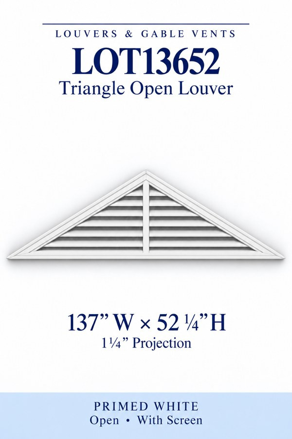 LOT13652 Triangle Open Louver Vent — 137″ W × 52 1/4″ H — Primed White